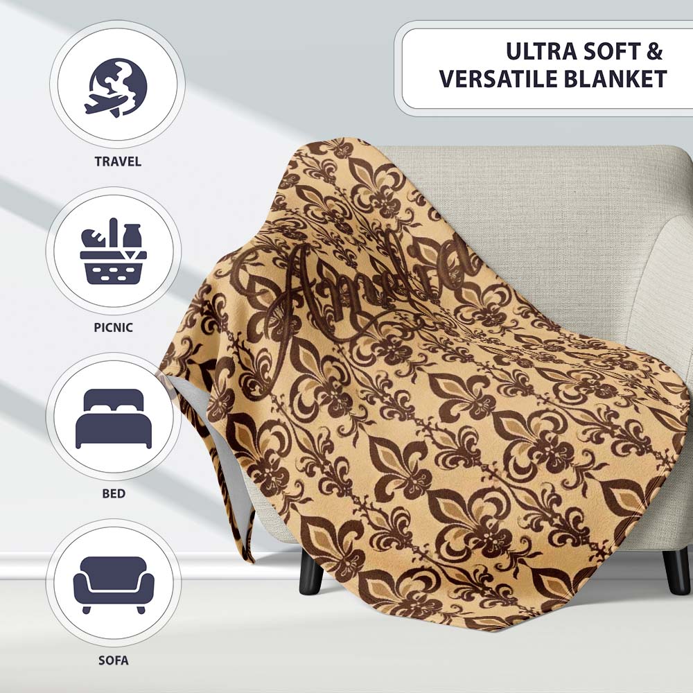 Bold Dark Brown Fleur De Lis Floral Damask Seamless Pattern Name  Personalised Custom Name Super Soft Fleece Blanket Bed Sofa Throw