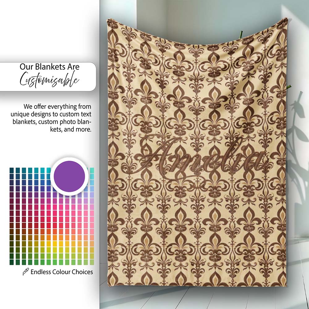 Bold Dark Brown Fleur De Lis Floral Damask Seamless Pattern Name  Personalised Custom Name Super Soft Fleece Blanket Bed Sofa Throw