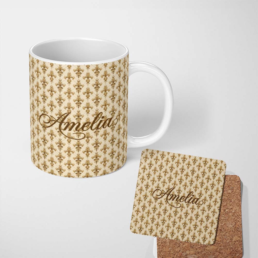 Personalized Custom Name Luxury Gold Fleur De Lis Repeating Pattern Elegant Seamless Design 11oz Ceramic Coffee Tea Mug White Large Handle