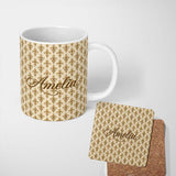 Personalized Custom Name Luxury Gold Fleur De Lis Repeating Pattern Elegant Seamless Design 11oz Ceramic Coffee Tea Mug White Large Handle