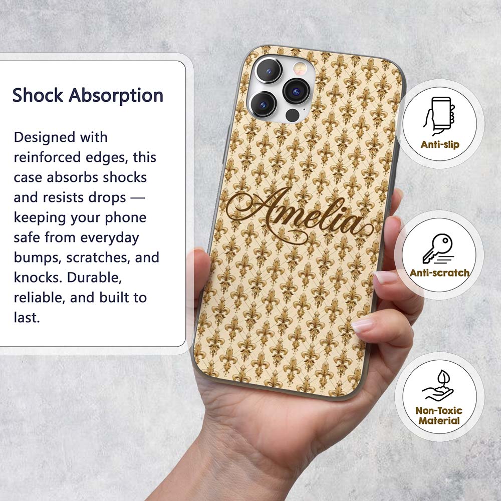 Luxury Gold Fleur De Lis Repeating Printed Design Custom Name Protective Phone Case Mobile Cover Durable Everyday Smartphone Shock Resistant