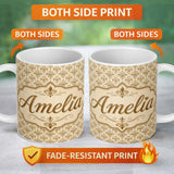 Personalized Custom Name Soft Gold Fleur De Lis Diamond Layout Pattern Seamless Design Name 11oz Ceramic Coffee Tea Mug White Large Handle