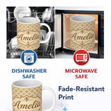Personalized Custom Name Soft Gold Fleur De Lis Diamond Layout Pattern Seamless Design Name 11oz Ceramic Coffee Tea Mug White Large Handle
