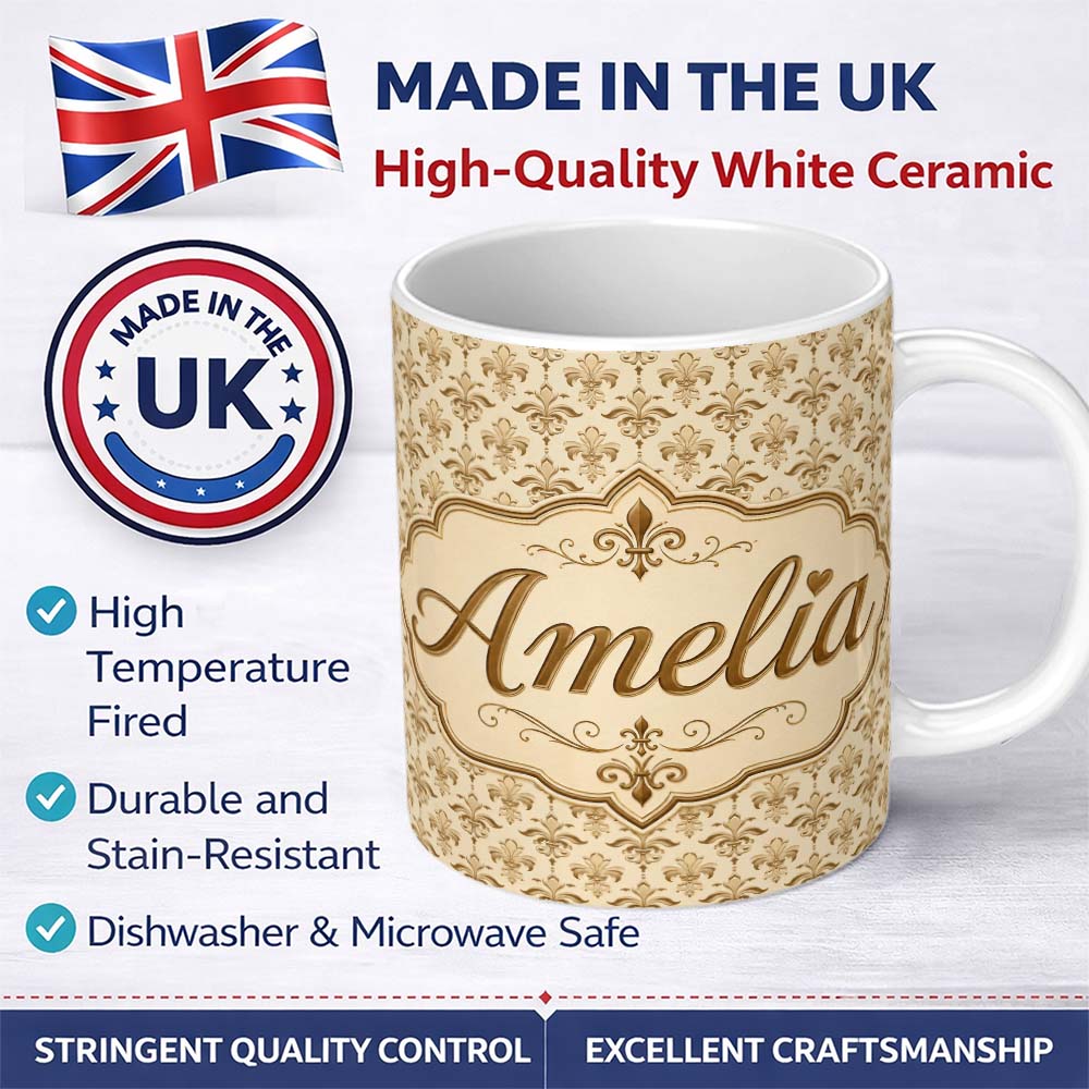 Personalized Custom Name Soft Gold Fleur De Lis Diamond Layout Pattern Seamless Design Name 11oz Ceramic Coffee Tea Mug White Large Handle