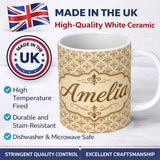 Personalized Custom Name Soft Gold Fleur De Lis Diamond Layout Pattern Seamless Design Name 11oz Ceramic Coffee Tea Mug White Large Handle