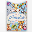 Cute Cartoon Jungle Safari Animals Seamless Pattern on Blue Lovely  Personalised Custom Name Super Soft Fleece Blanket Bed Sofa Throw