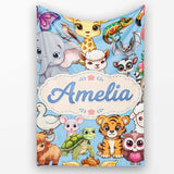 Cute Cartoon Jungle Safari Animals Seamless Pattern on Blue Lovely  Personalised Custom Name Super Soft Fleece Blanket Bed Sofa Throw
