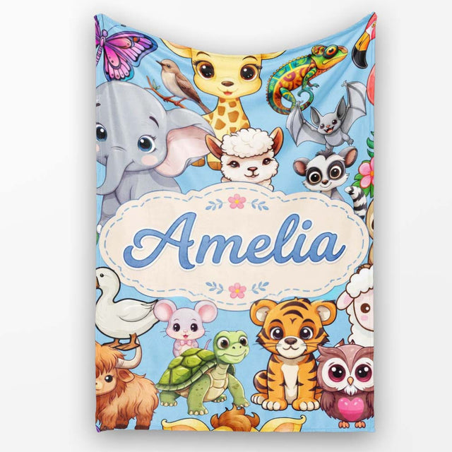 Cute Cartoon Jungle Safari Animals Seamless Pattern on Blue Lovely  Personalised Custom Name Super Soft Fleece Blanket Bed Sofa Throw