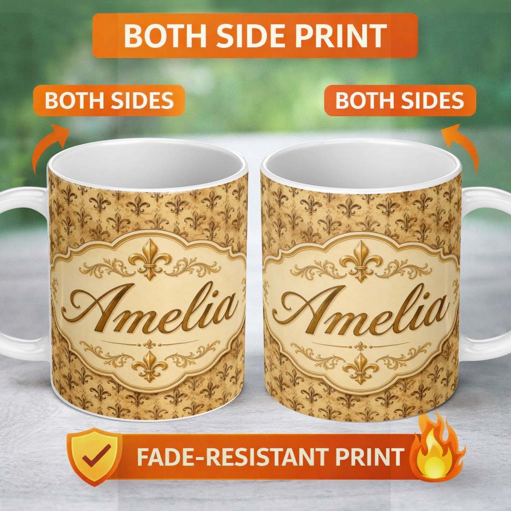 Personalized Custom Name Classic Antique Fleur De Lis Decorative Pattern Warm Beige Seamless 11oz Ceramic Coffee Tea Mug White Large Handle