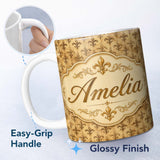 Personalized Custom Name Classic Antique Fleur De Lis Decorative Pattern Warm Beige Seamless 11oz Ceramic Coffee Tea Mug White Large Handle