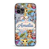 Cute Cartoon Jungle Safari Animals Printed Design Custom Name Protective Phone Case Mobile Cover Durable Everyday Smartphone Shock Resistant