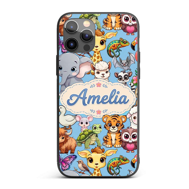 Cute Cartoon Jungle Safari Animals Printed Design Custom Name Protective Phone Case Mobile Cover Durable Everyday Smartphone Shock Resistant
