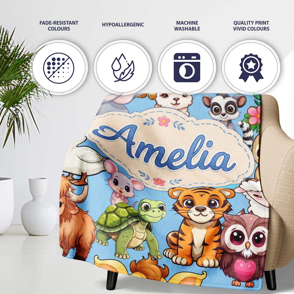 Cute Cartoon Jungle Safari Animals Seamless Pattern on Blue Lovely  Personalised Custom Name Super Soft Fleece Blanket Bed Sofa Throw