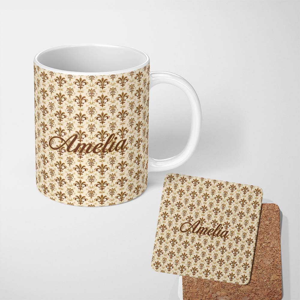 Personalized Custom Name Rustic Vintage Fleur De Lis Aged Background Seamless Pattern Name 11oz Ceramic Coffee Tea Mug White Large Handle