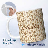 Personalized Custom Name Rustic Vintage Fleur De Lis Aged Background Seamless Pattern Name 11oz Ceramic Coffee Tea Mug White Large Handle