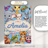 Cute Cartoon Jungle Safari Animals Seamless Pattern on Blue Lovely  Personalised Custom Name Super Soft Fleece Blanket Bed Sofa Throw