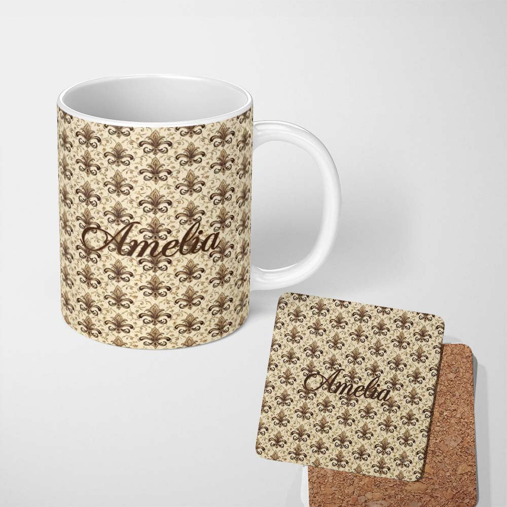Personalized Custom Name Ornate Classic Fleur De Lis Floral Scroll Pattern Seamless Design 11oz Ceramic Coffee Tea Mug White Large Handle