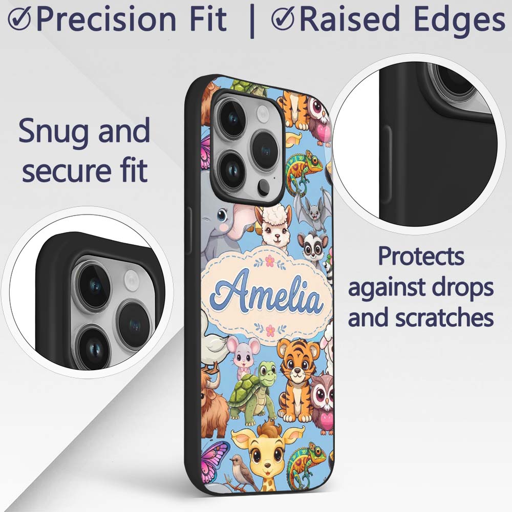 Cute Cartoon Jungle Safari Animals Printed Design Custom Name Protective Phone Case Mobile Cover Durable Everyday Smartphone Shock Resistant