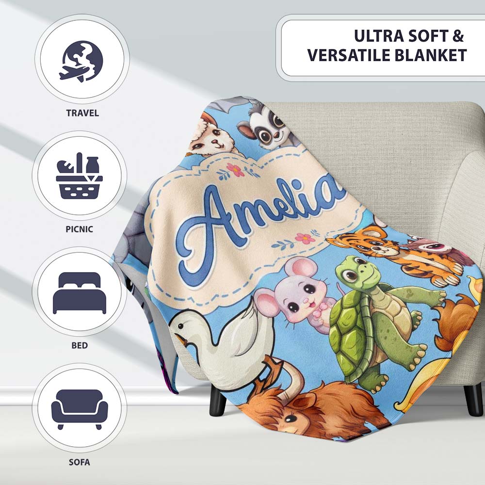 Cute Cartoon Jungle Safari Animals Seamless Pattern on Blue Lovely  Personalised Custom Name Super Soft Fleece Blanket Bed Sofa Throw