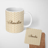 Personalized Custom Name Soft Beige Fleur De Lis Elegant Seamless Pattern Classic Neutral 11oz Ceramic Coffee Tea Mug White Large Handle