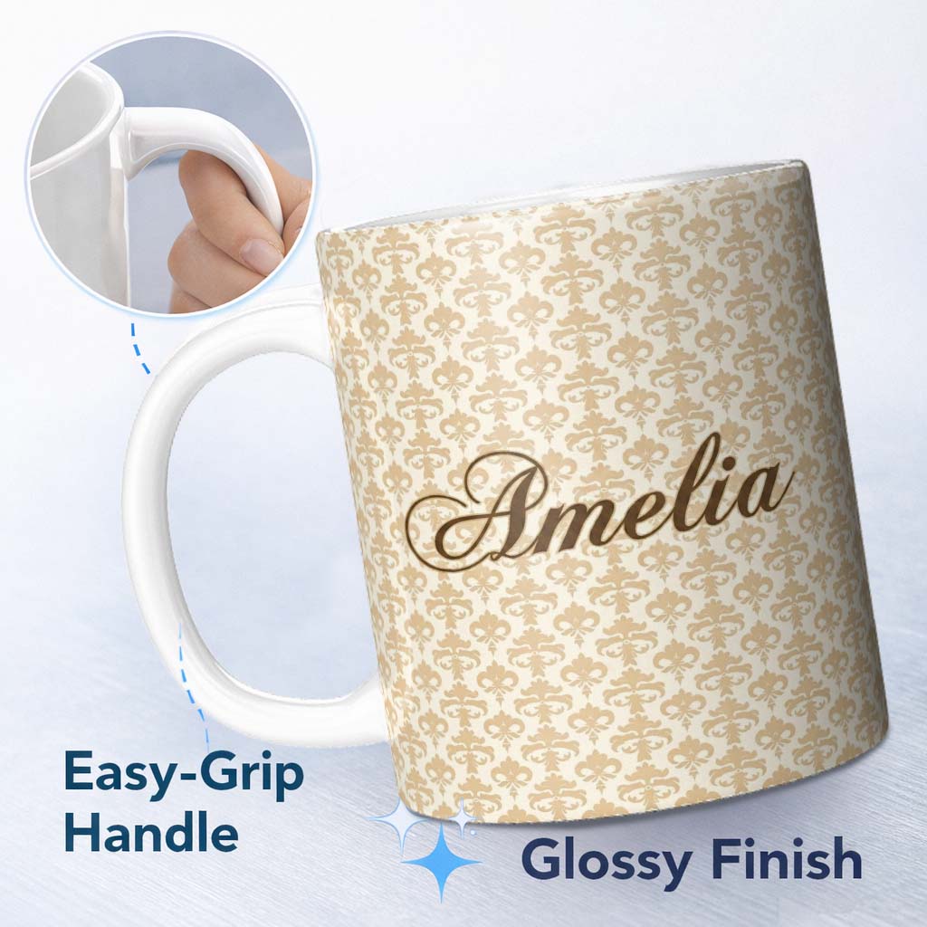Personalized Custom Name Soft Beige Fleur De Lis Elegant Seamless Pattern Classic Neutral 11oz Ceramic Coffee Tea Mug White Large Handle