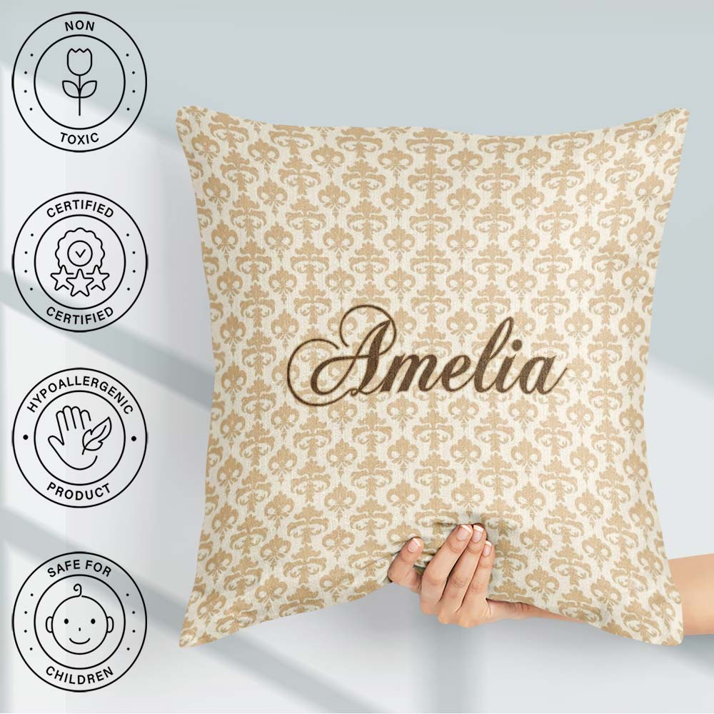 Custom Name Soft Beige Fleur De Elegant Seamless Pattern Classic Square Filled Cushion Throw Pillow Sofa Bed Home Decor Zip Washable UK Made
