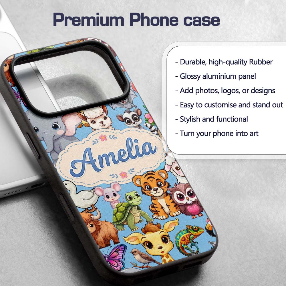 Cute Cartoon Jungle Safari Animals Printed Design Custom Name Protective Phone Case Mobile Cover Durable Everyday Smartphone Shock Resistant