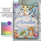 Cute Cartoon Jungle Safari Animals Seamless Pattern on Blue Lovely  Personalised Custom Name Super Soft Fleece Blanket Bed Sofa Throw
