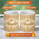 Personalized Custom Name Vintage Aged Fleur De Lis Classic Antique Style Seamless Pattern 11oz Ceramic Coffee Tea Mug White Large Handle