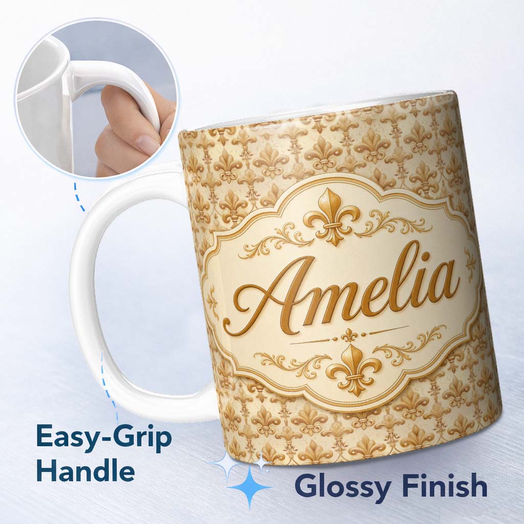 Personalized Custom Name Vintage Aged Fleur De Lis Classic Antique Style Seamless Pattern 11oz Ceramic Coffee Tea Mug White Large Handle