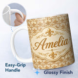 Personalized Custom Name Vintage Aged Fleur De Lis Classic Antique Style Seamless Pattern 11oz Ceramic Coffee Tea Mug White Large Handle