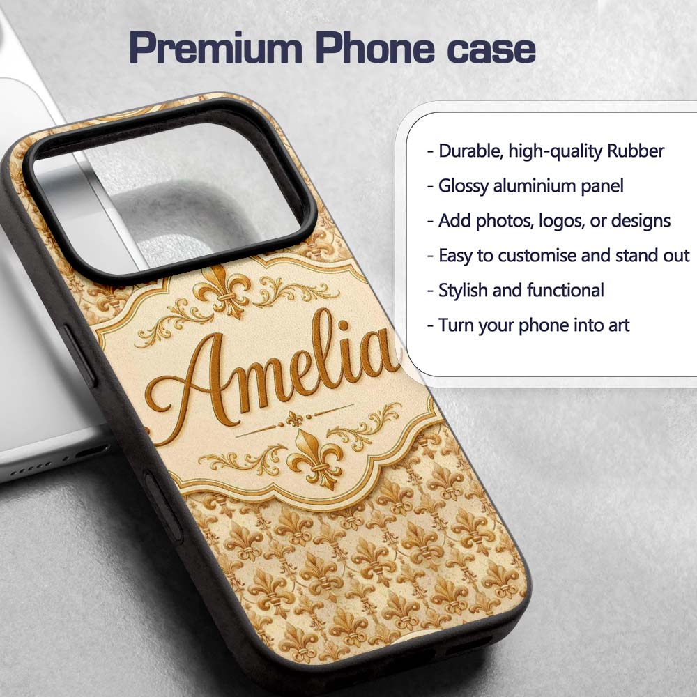 Vintage Aged Fleur De Lis Classic Antique Style Custom Name Protective Phone Case Mobile Cover Durable Everyday Smartphone Shock Resistant