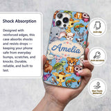 Cute Cartoon Jungle Safari Animals Printed Design Custom Name Protective Phone Case Mobile Cover Durable Everyday Smartphone Shock Resistant