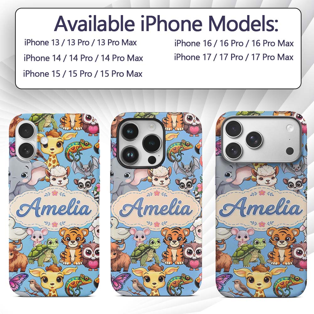 Cute Cartoon Jungle Safari Animals Printed Design Custom Name Protective Phone Case Mobile Cover Durable Everyday Smartphone Shock Resistant