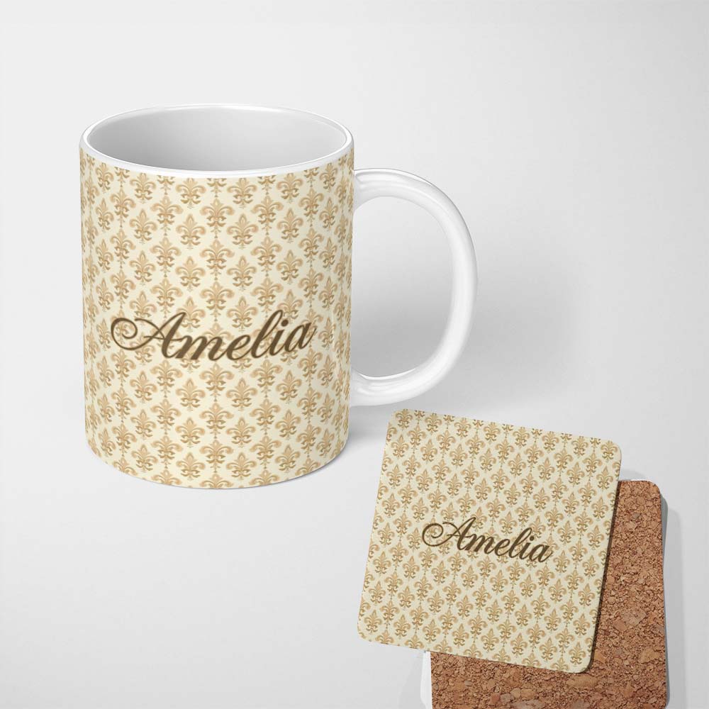 Personalized Custom Name Minimal Soft Gold Fleur De Lis Repeating Elegant Seamless Pattern 11oz Ceramic Coffee Tea Mug White Large Handle