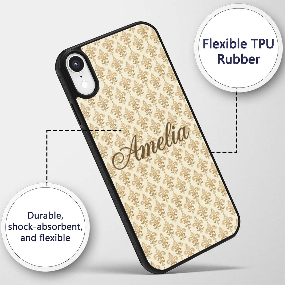 Minimal Soft Gold Fleur De Lis Repeating Elegant Custom Name Protective Phone Case Mobile Cover Durable Everyday Smartphone Shock Resistant