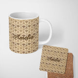 Personalized Custom Name Classic Beige Fleur De Lis Scroll Detail Seamless Pattern Elegant 11oz Ceramic Coffee Tea Mug White Large Handle