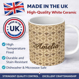 Personalized Custom Name Classic Beige Fleur De Lis Scroll Detail Seamless Pattern Elegant 11oz Ceramic Coffee Tea Mug White Large Handle
