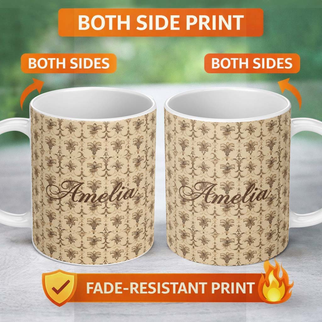 Personalized Custom Name Vintage Textured Fleur De Lis Classic French Style Seamless Pattern 11oz Ceramic Coffee Tea Mug White Large Handle