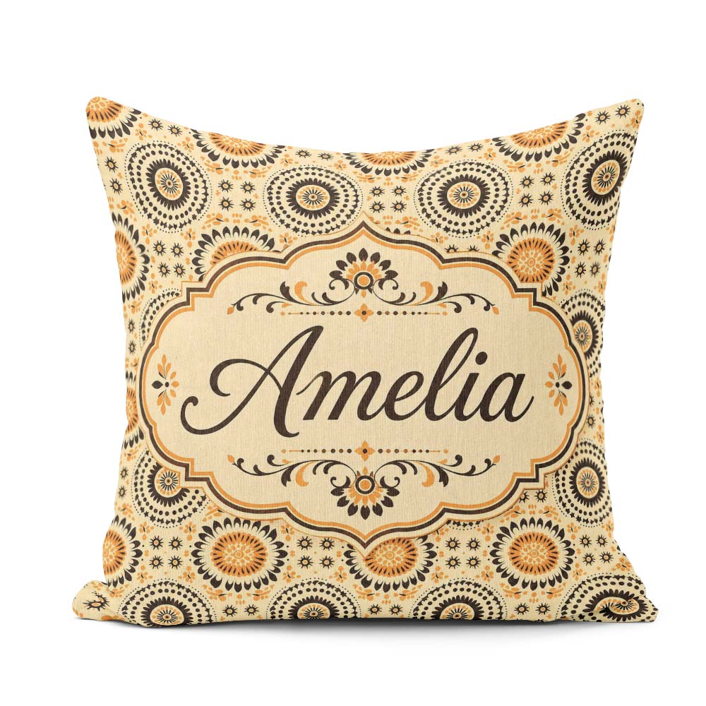 Custom Name Floral Circle Pattern Warm Tone Seamless Design Name Square Filled Cushion Throw Pillow Sofa Bed Home Decor Zip Washable UK Made