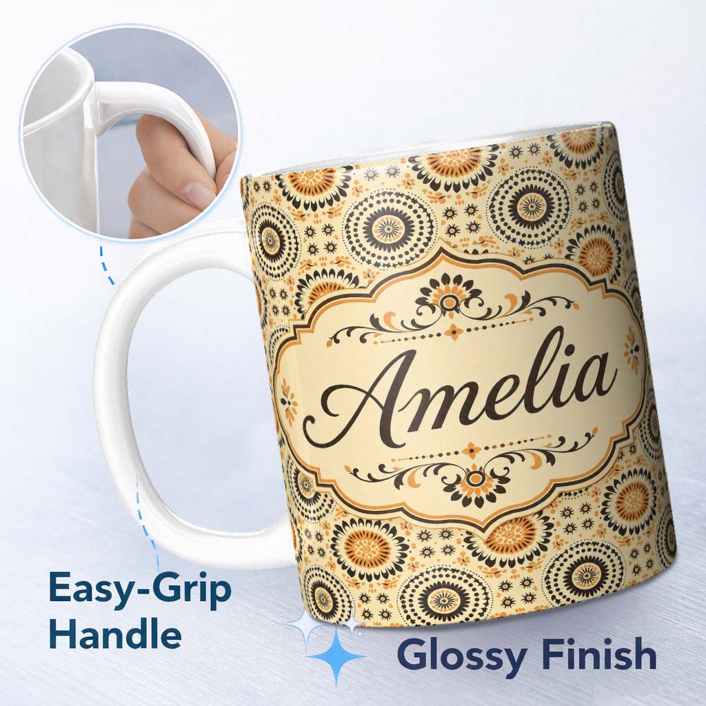 Personalized Custom Name Floral Circle Pattern Warm Earth Tone Seamless Design Name Cute 11oz Ceramic Coffee Tea Mug White Large Handle
