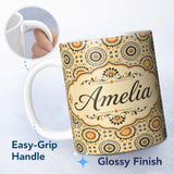 Personalized Custom Name Floral Circle Pattern Warm Earth Tone Seamless Design Name Cute 11oz Ceramic Coffee Tea Mug White Large Handle