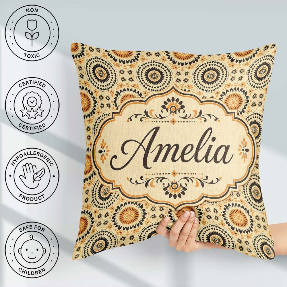 Custom Name Floral Circle Pattern Warm Tone Seamless Design Name Square Filled Cushion Throw Pillow Sofa Bed Home Decor Zip Washable UK Made