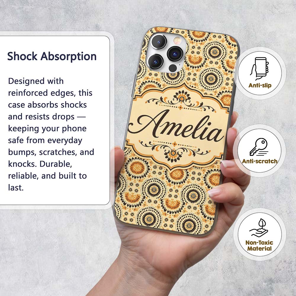 Floral Circle Pattern Warm Earth Tone Seamless Custom Name Protective Phone Case Mobile Cover Durable Everyday Smartphone Shock Resistant