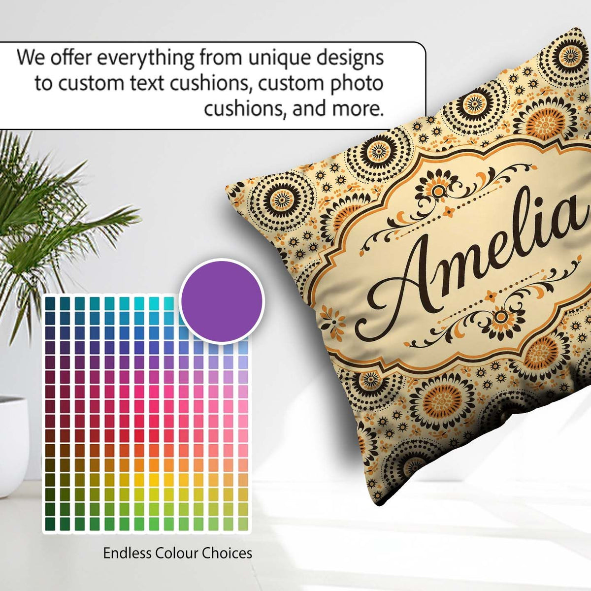 Custom Name Floral Circle Pattern Warm Tone Seamless Design Name Square Filled Cushion Throw Pillow Sofa Bed Home Decor Zip Washable UK Made