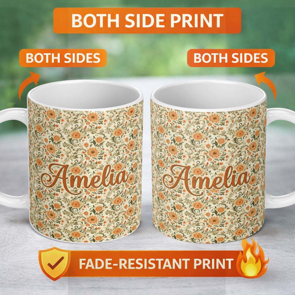 Personalized Custom Name Vintage Orange Floral Vine Seamless Pattern Botanical Design Name 11oz Ceramic Coffee Tea Mug White Large Handle