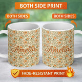 Personalized Custom Name Vintage Orange Floral Vine Seamless Pattern Botanical Design Name 11oz Ceramic Coffee Tea Mug White Large Handle