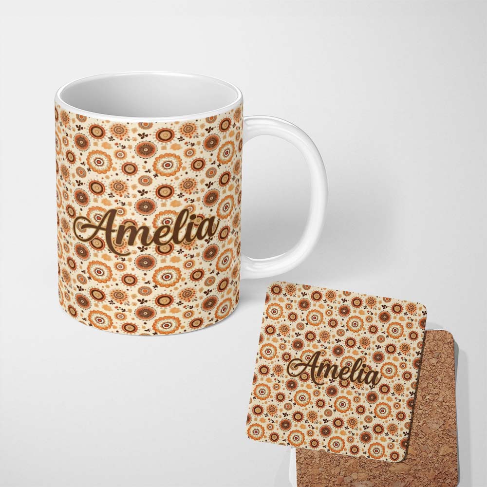 Personalized Custom Name Orange Brown Circular Floral Motif Seamless Pattern Mid Century 11oz Ceramic Coffee Tea Mug White Large Handle