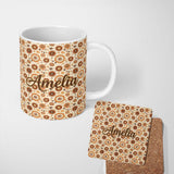 Personalized Custom Name Orange Brown Circular Floral Motif Seamless Pattern Mid Century 11oz Ceramic Coffee Tea Mug White Large Handle