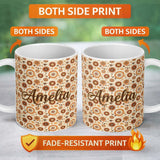 Personalized Custom Name Orange Brown Circular Floral Motif Seamless Pattern Mid Century 11oz Ceramic Coffee Tea Mug White Large Handle